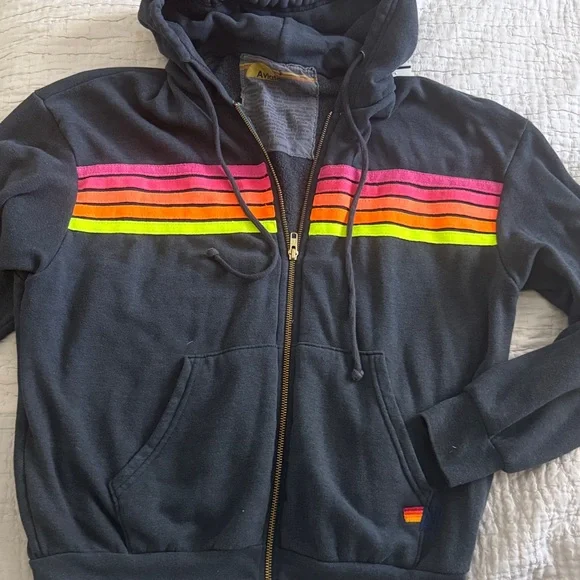 Aviator Nation 5 Stripe Zip Up Hoodie in Charcoal rainbow S - Picture 4 of 6
